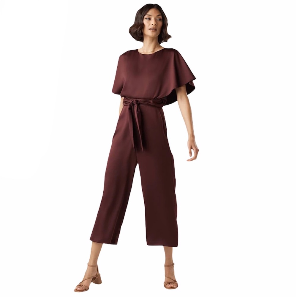 Vetta capsule satin cape jumpsuit size 6 burgundy